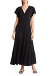 Loveappella Tiered Faux Wrap Knit Maxi Dress In Black