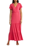 LOVEAPPELLA TIERED FAUX WRAP KNIT MAXI DRESS