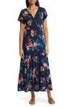 LOVEAPPELLA FLORAL TIERED FAUX WRAP KNIT MAXI DRESS