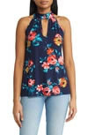 LOVEAPPELLA FLORAL CUTOUT MOCK NECK HALTER TOP