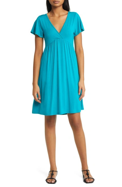 Loveappella Tie Back Surplice V-neck Knit Minidress In Jade