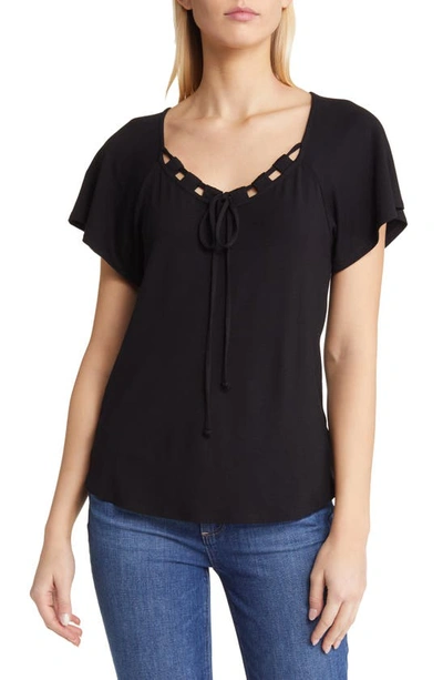 Loveappella Tie Neck Flutter Sleeve Top In Black