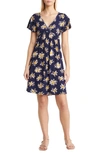 Loveappella Floral Tie Back Surplice V-neck Knit Minidress In Navy/ Ivory