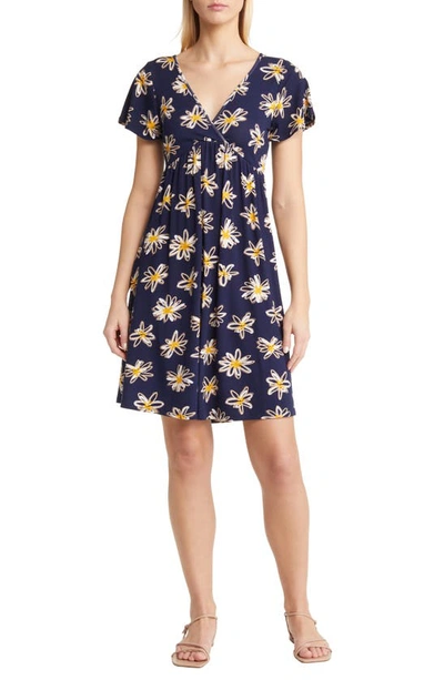 Loveappella Floral Tie Back Surplice V-neck Knit Minidress In Navy/ Ivory