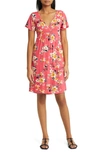 Loveappella Floral Tie Back Surplice V-neck Knit Minidress In Coral
