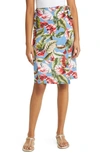 Loveappella Palm Print Faux Wrap Knit Midi Skirt In Denim