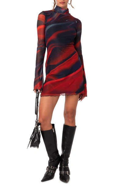 Edikted Sparks Fly Mock Neck Long Sleeve Mesh Minidress In Multi