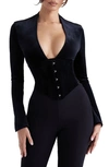 House Of Cb Stretch Velvet Corset Top In Black