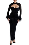 House Of Cb Thalia Long Sleeve Feather Trim Velvet Corset Dress With Shrug In Black