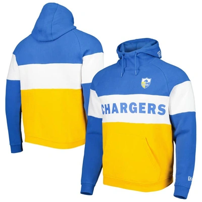 New Era Men's  Gold And Powder Blue Los Angeles Chargers Colorblock Throwback Pullover Hoodie In Gold,powder Blue