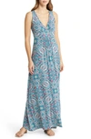 Loveappella Floral Paisley Print Sleeveless Jersey Maxi Dress In Teal