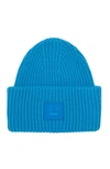 Acne Studios Pansy Face Patch Rib Wool Beanie In Sapphire Blue
