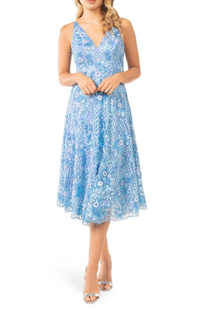 Dress The Population Elisa Sequin Embroidered Cocktail Midi Dress In Blue