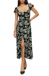 REFORMATION BAXLEY FLORAL PRINT FLUTTER SLEEVE MIDI DRESS