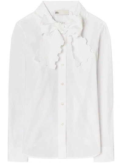 Tory Burch Scalloped Poplin Bow Blouse In White