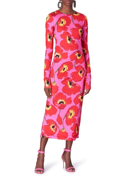 Carolina Herrera Long-sleeve Ruched Midi-dress In Poppy Multi