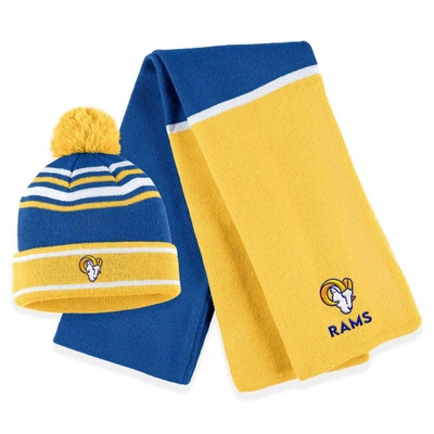 WEAR BY ERIN ANDREWS WEAR BY ERIN ANDREWS ROYAL LOS ANGELES RAMS COLORBLOCK CUFFED KNIT HAT WITH POM AND SCARF SET