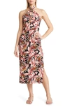 Loveappella Palm Print Twist Halter Neck Midi Dress In Black/ Marsala