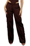 House Of Cb Daria Seamed Satin Cargo Trousers In Chocolate