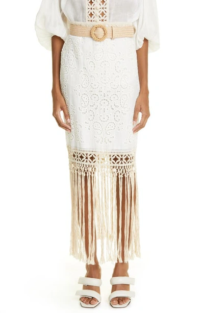 Zimmermann Vitali Belted Macramé-trimmed Broderie Anglaise Cotton Maxi Skirt In White