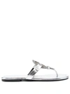 TORY BURCH 'MILLER' SILVER-TONE THONG SANDAL WITH CRYSTAL EMBELLISHED LOGO IN METALLIC LEATHER WOMAN TORY BURCH