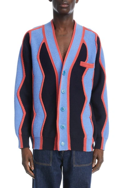 Kenzo Wavy Stripe Wool Blend Cardigan In Bleu Nuit