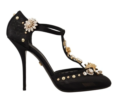 Dolce & Gabbana Black Mesh Crystals T-strap Heels Pumps Shoes