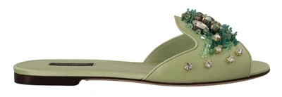 DOLCE & GABBANA DOLCE & GABBANA ELEGANT CRYSTAL-EMBELLISHED GREEN LEATHER WOMEN'S SLIDES