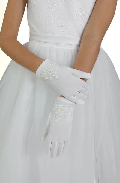 Us Angels Kids' Beaded Applique Satin Gloves In White