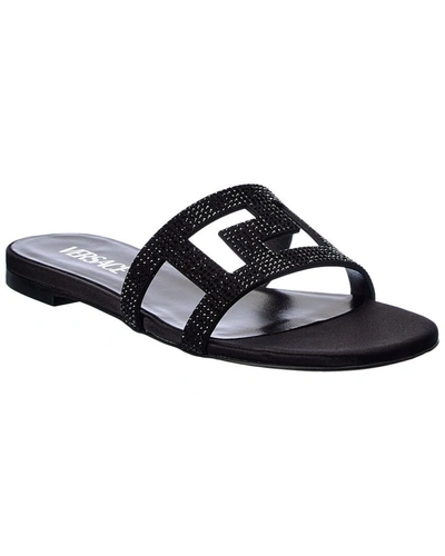 Versace Greca Maze Crystal Flat Sandals In Black