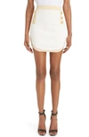 Balmain 6-button Metallic-edge Pointelle Knit Mini Skirt In White,gold