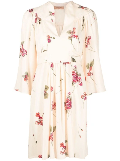 Twinset Floral-print Belted Minidress In Beige