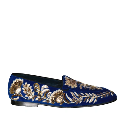 Dolce & Gabbana Embelished Velvet Loafers In Blue