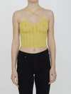 Alessandra Rich Cropped Embellished Metallic Pointelle-knit Top In Yellow