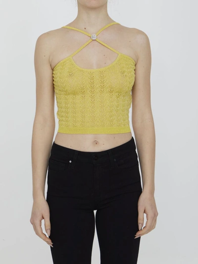 Alessandra Rich Cropped Embellished Metallic Pointelle-knit Top In Orange