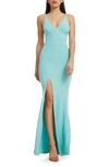 Dress The Population Iris Slit Crepe Gown In Tranquil Blue
