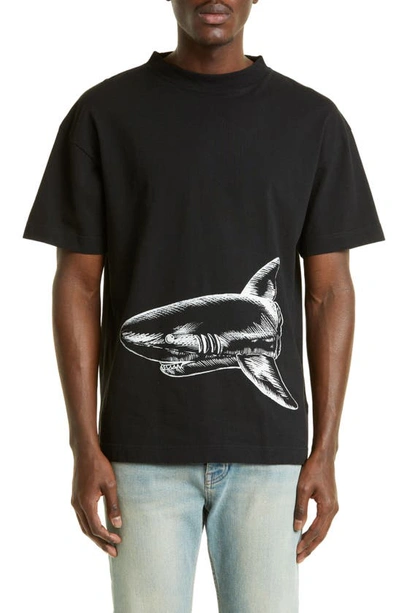 Palm Angels Shark-print Organic Cotton T-shirt In Nero