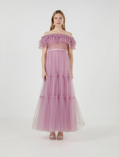 Bcbgmaxazria Off Shoulder Tiered Gown In Lavender Herb