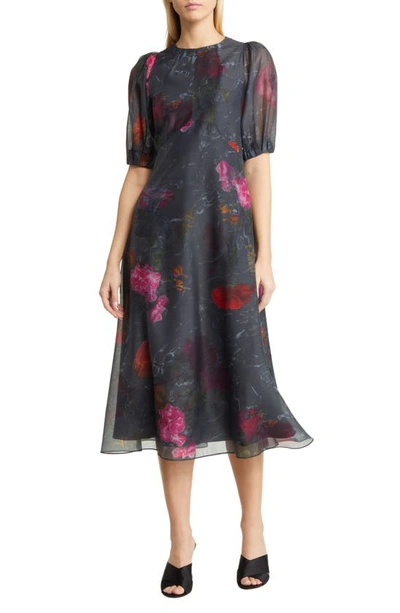 Ted Baker Mekayla Empire Line Printed Puff Sleeve Midi Dress In Black