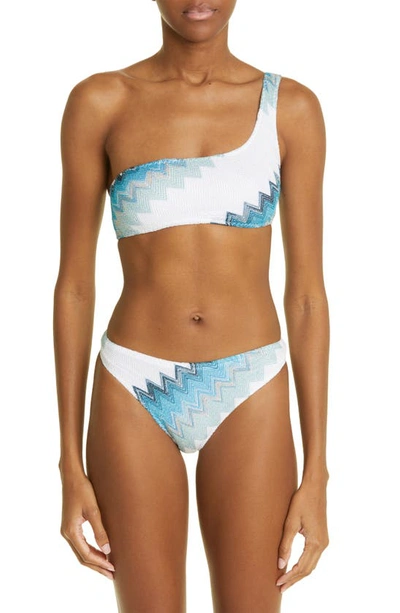 Missoni One-shoulder Zigzag Bikini In White,blue