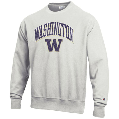 Champion Gray Washington Huskies Arch Over Logo Reverse Weave Pullover Sweatshirt In Heather Gray