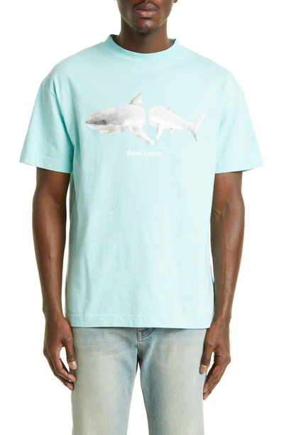 Palm Angels White Shark Classic T-shirt In Light Blue,white
