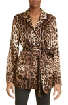 Dolce & Gabbana Diva Belted Leopard-print Silk-blend Satin Pajama Shirt In Light Brown