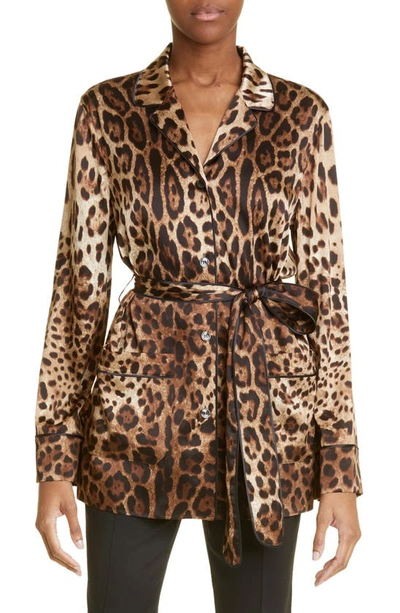 Dolce & Gabbana Leopard Print Satin Blouse In Light Brown