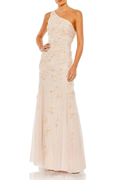 Mac Duggal Pink Open Back One Shoulder Embellished Trumpet Gown In Neutral