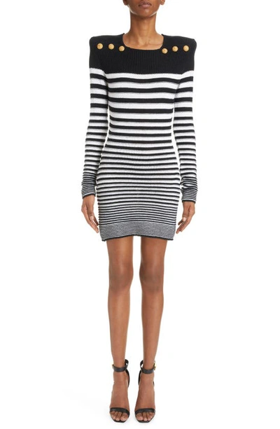Balmain Button-embellished Striped Ribbed Cotton-blend Mini Dress In Multi