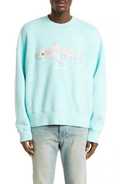 Palm Angels Shark Crewneck Sweatshirt In Light Blue White