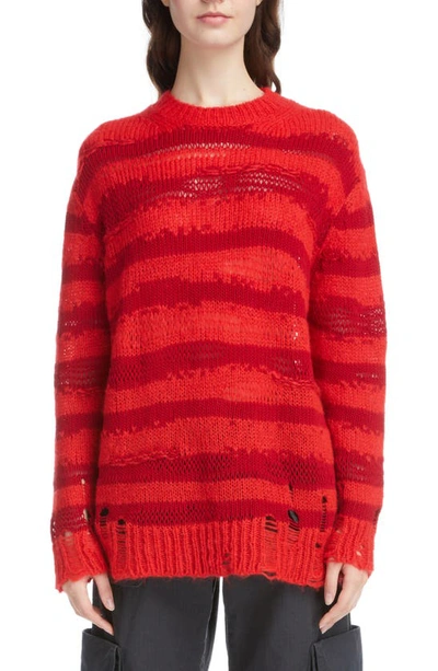Acne Studios Karita Distressed Stripe Open Stitch Cotton, Mohair & Wool Blend Sweater In Red