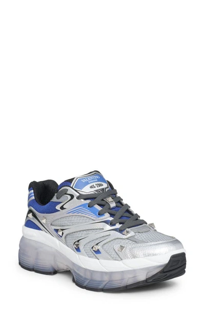 Valentino Garavani Ms-2960 Low-top Trainer In Fabric And Calfskin In Silver/electric Blue/black