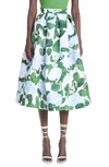 Oscar De La Renta Vintage Poppies Faille Silk-lined Midi Skirt In White/ Blue